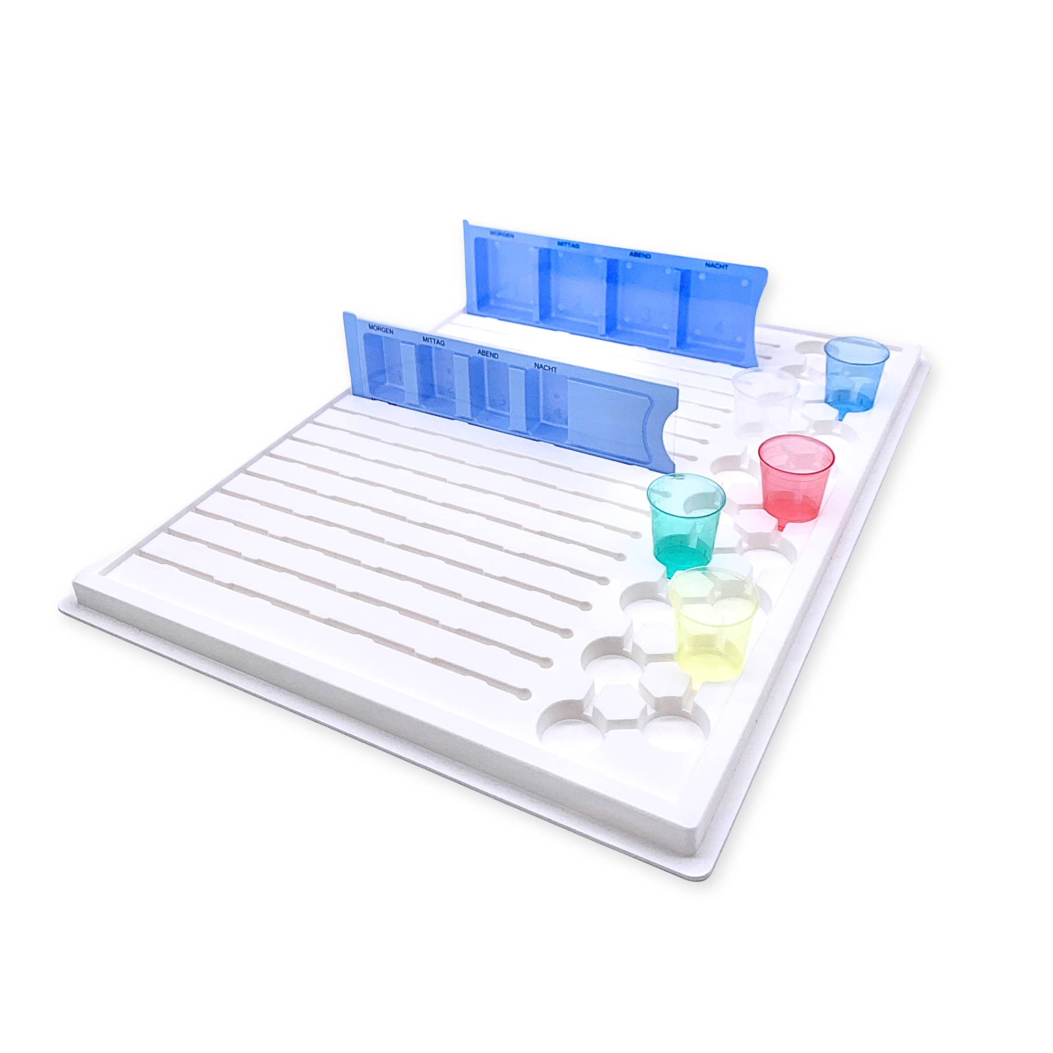 Tablett zum Transport von Medikamentendispensern und Medizinbechern